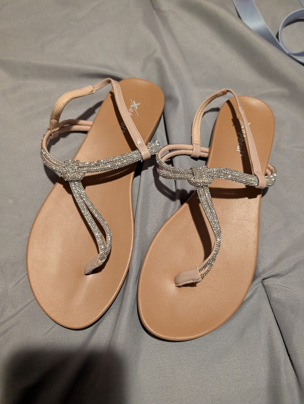 Beige Rhinestone T-Strap Women's Sandals